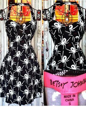 Betsey Johnson Dress Black Widow Spider Goth Rockabilly Halter Babydoll LTD NWT